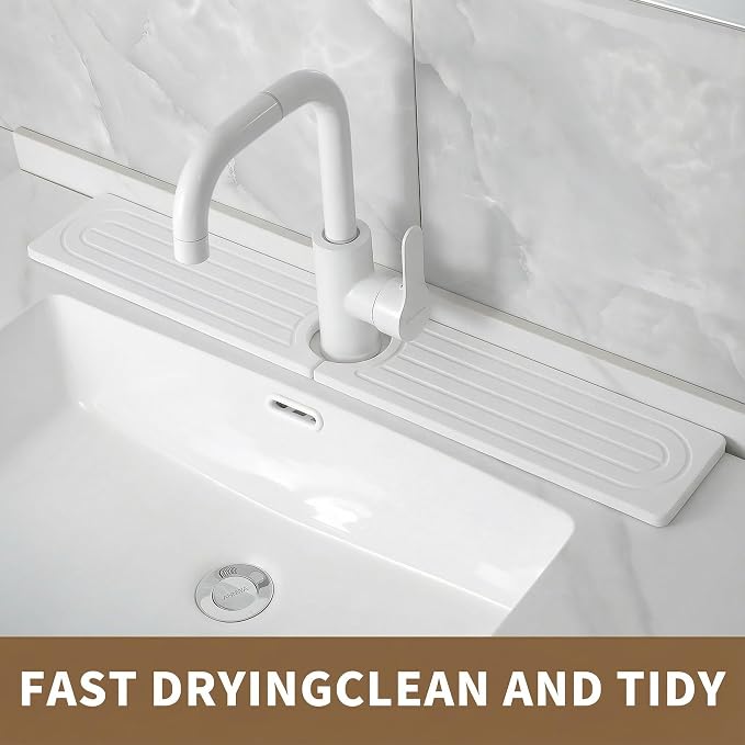 Diatomite Faucet Mat for Kitchen Sink, Quick-Dry Stone-Like Sink Mat, Flat Lay Absorbent Countertop Drying Mat for Faucet Area, Hard Diatomite Mat, White, 23.6 x 4 in - Image 7