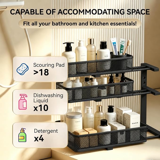 1 Pack 3 Tier Under Sink Organizer, Height Adjustable Heavy Duty Metal Under Cabinet Drawer Pull Out Shelf with Smooth Silent Sliding Design, Organizer and Storag Rack for Kitchen, Bathroom, Black - Image 4