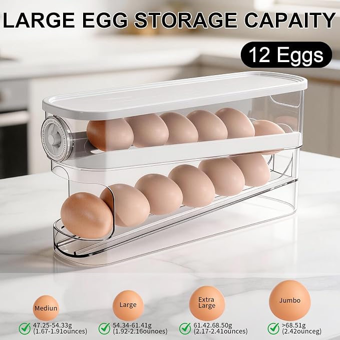 Egg Dispenser For Refrigerator Automatic Rolling,Space-Saving Egg roller,Organizer with Timer Freshness, Covered Dispenser Holds 12 Large Eggs, for Refrigerator, Kitchen, Cabinet & Desktop - Image 3