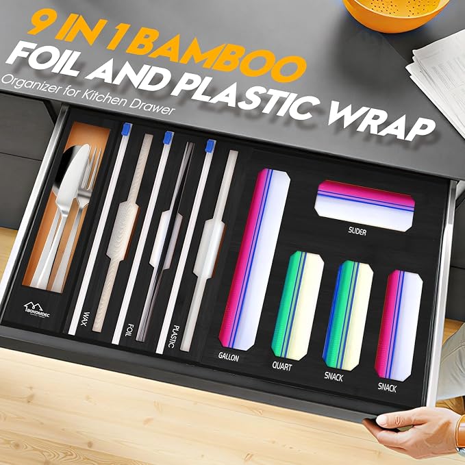 9 in 1 Foil and Plastic Wrap Dispenser with Cutter, Black Bamboo Ziplock Bag Organizer for Drawer - Holds Gallon, Quart Bags & Aluminum Foil/Wax Paper, Wall Mountable Kitchen Storage - Image 3