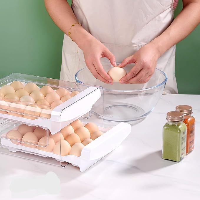 SYLAB Egg Holder for Refrigerator - 32 Eggs Capacity, 2-Tier Stackable Auto-Rolling Egg Container with Drawer & Handles - Clear BPA-Free Egg Storage Organizer for Fridge, Kitchen Countertop & Pantry - Image 7