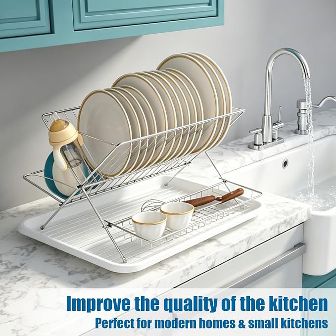 Stainless Steel Foldable Dish Drying Rack, 2 Tier Collapsible Kitchen Rack for Counter, Large Capacity Expandable Dish Drainer Rust Proof - Image 2