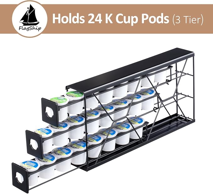 FlagShip K Cup Holder Drawer 3 Tier Coffee Pod Holder for K Pod Save Space Countertop Kitchen (24 Pods Capacity) - Image 3