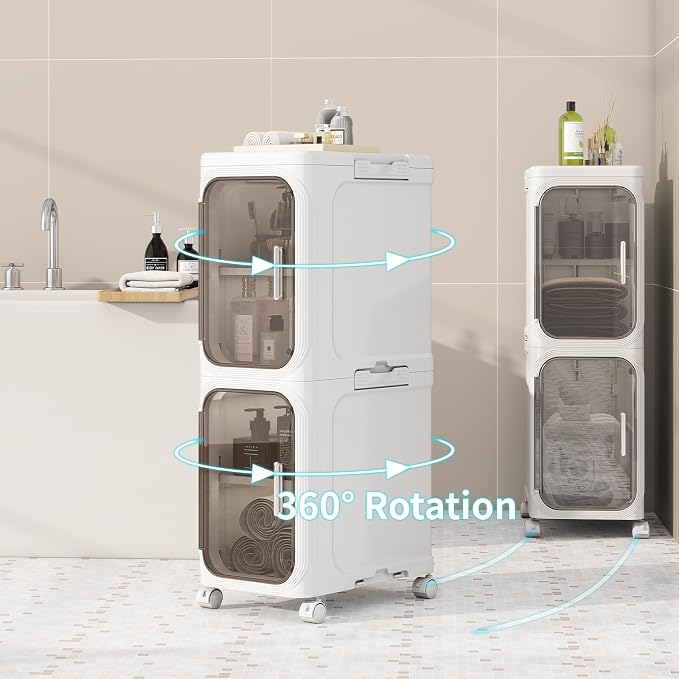 3 Tier Slim Bathroom Storage Cabinet, Foldable and Movable, White | Tools Free, ABS and PET, Magnetic Clear Door, Adjustable Shelves, Lockable Wheels, Water Resistant, For Narrow Space - Image 9