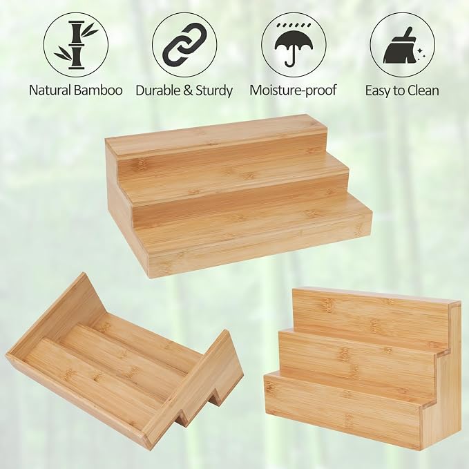 2 Pack Bamboo Spice Rack Organizer for Kitchen Counter, 3 Tier Spice Shelf | 3 Tier Countertop Step Shelf, Seasoning Storage for Kitchen Pantry, Tiered Spice Rack for Jars Bottles (Jars Not Included) - Image 7