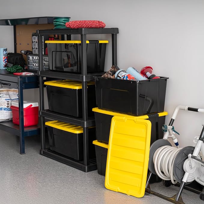 IRIS USA 6-Pack 72 Quart Storage Bins with Lids, Black/Yellow | Black finish conceals stored items. Perfect for moving, blankets, clothing, and garage storage. Nestable design saves space - Image 4