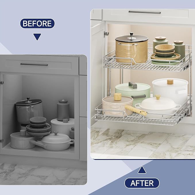 2-Tier Pull Out Cabinet Organizer, 19.5" W x 21.5" D, Heavy Duty Dual Slide Out Shelves for Base Cabinets, Chrome Wire Basket Drawer for Pantry, Kitchen & Bathroom Storage - Image 7