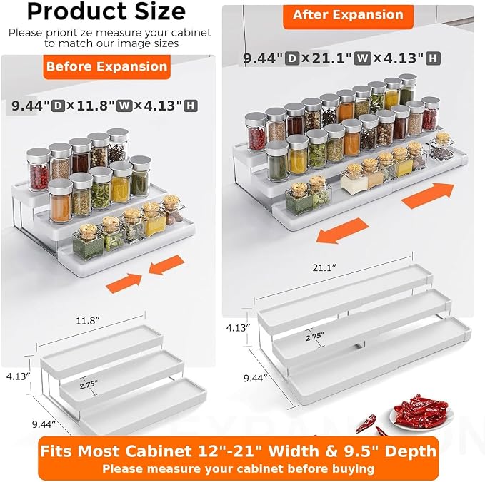 Expandable Spice Rack Organizer for Cabinet - 3 Tier Adjustable Cabinet Spice Organizer Easy Visibility - Spice Organizer for Cabinet Countertop Cupboard Pantry Organization (White) - Image 2
