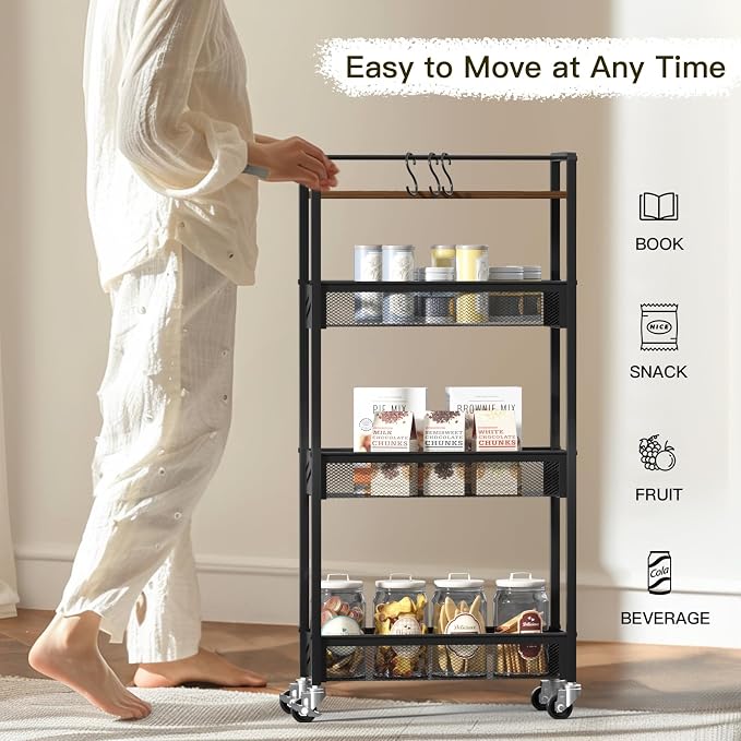 DGSNADGO Slim Rolling Storage Cart, 4-Tier Narrow Kitchen Cart with Wheels | Metal Mobile Snack Shelving, Rolling Spice Rack for Small Space in Kitchen, Living Room, Bathroom, Rustic Brown and Black - Image 5