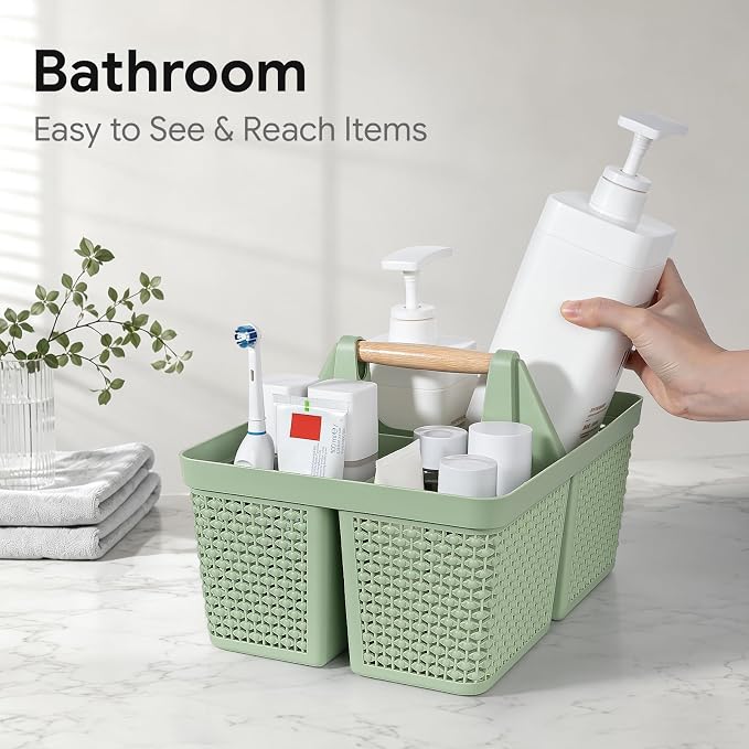 UUJOLY Portable Plastic Shower Caddy Basket with Wooden Handle, Green | Divided Storage Organizer Tote for Bathroom, Dorm, College, Kitchen & RV – Lightweight, Easy-Carry Essentials Caddy - Image 4