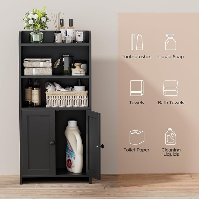 Homhedy Small Bathroom Storage Cabinet, Toilet Paper Storage Cabinet | Bathroom Floor Cabinet with Doors and Shelves, Bathroom Organizers for Small Spaces, 7.9" D x 14.6" W x 31" H, Black - Image 4