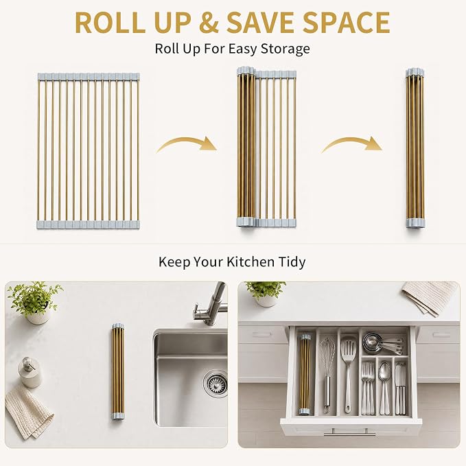 Gold Roll Up Dish Drying Rack Over Sink, Foldable Stainless Steel Drainer Non-Slip Sink Drying Rack Sink Accessories for Kitchen Countertop (17.8×11.8in) - Image 7