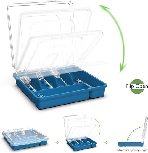    , Plastic Silverware Tray for Drawer, 5 Compartments Utensil Holder for Countertop, Navy Blue - Image 2