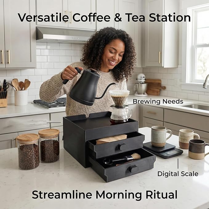 Coffee Brewer Organizer for Intasting Electric Kettle,Two-tier design | with elevated kettle platform and pull-out storage drawer,Elevated Pour Over Coffee Maker Holder for Beans,Tea & Accessories - Image 5