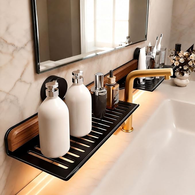 Bathroom Over Sink Shelf, 15.7 Inch No Drill Sink Organizer | Bathroom Counter Storage Rack for Toothbrush, Soap, Skincare and Accessories, Black - Image 2