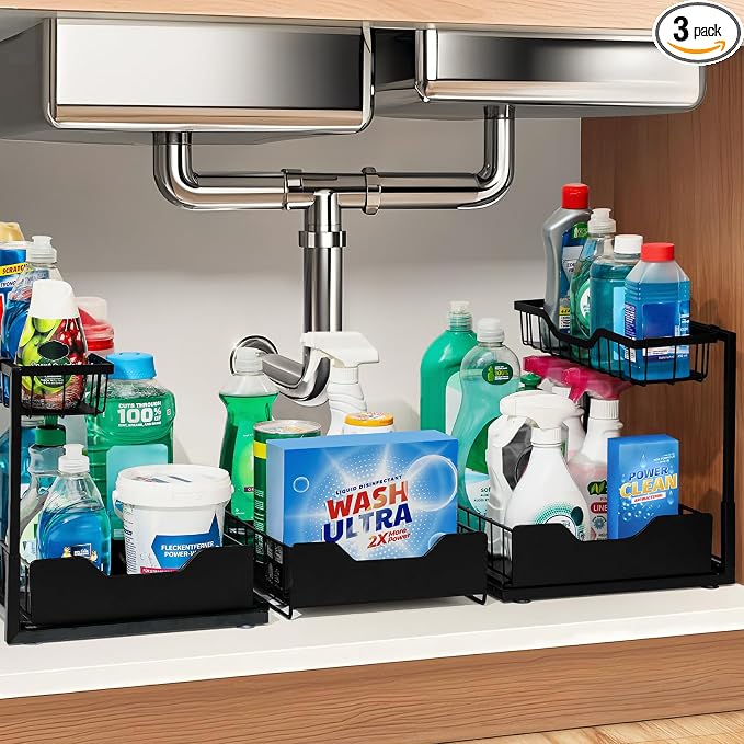 3 Pack, Under Sink Organizer 2-Tier with Slide Out Lower Drawer - Metal Pull Out Cabinet Organizer for Kitchen Bathroom, Includes Removable Center Basket & Storage Shelves, Space Saving Design by Unknown