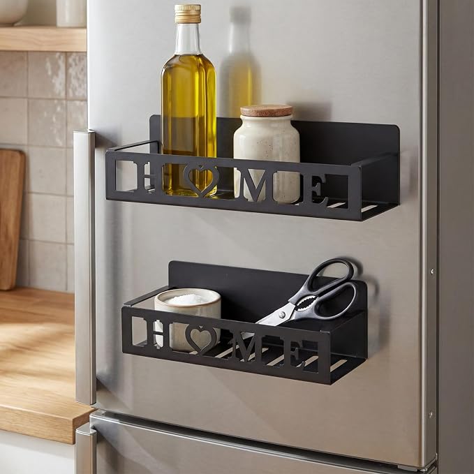 Beeveer 2 Pcs Magnetic Spice Rack for Refrigerator, Black Home | Magnetic Design, No Drilling, Farmhouse Kitchen Decor Home Accessories, 2 Sizes Metal Storage Shelf for Fridge Spices - Image 5