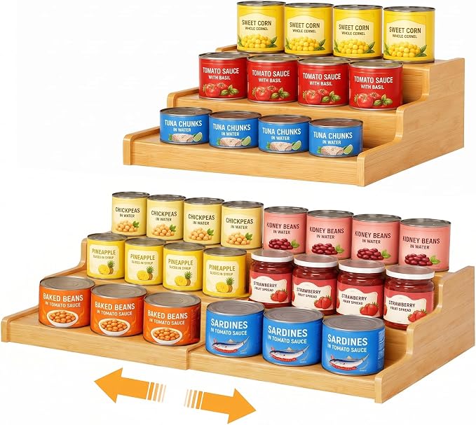 Expandable Bamboo Can Rack Organizer for Pantry, Upgraded 3-Tier Adjustable Can Storage Holder, Pantry Organizers and Storage Holds Up to 24 Cans, Canned Goods Organizer Display for Pantry, Cabinet by Unknown