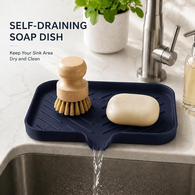 MicoYang Silicone Soap Dish with Drain Spout — Self-Draining Sink Organizer Tray for Bathroom & Kitchen, Sponges, Dispensers & Soap Holder, Non-Slip & Dishwasher Safe, Navy Blue (Medium, 9.6"×5.3") - Image 6