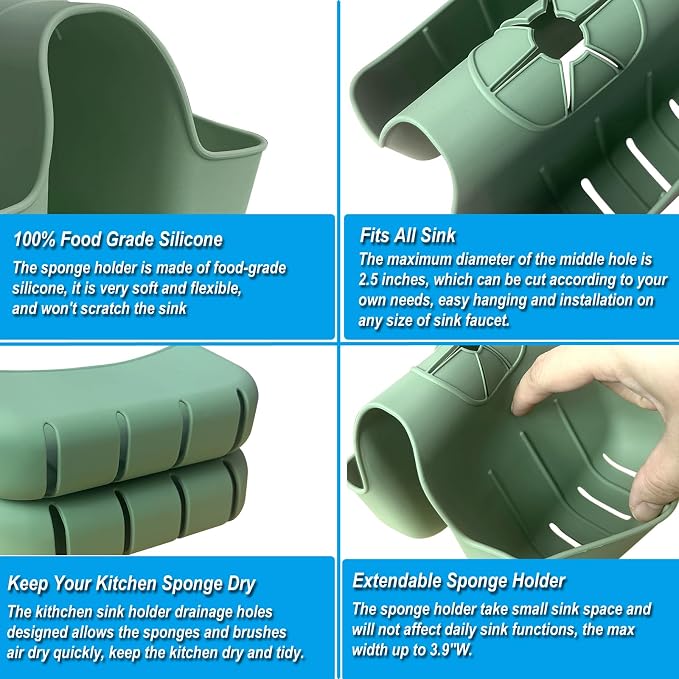 Hanging Silicone Sponge Holder for Kitchen Sink, Green - Image 2