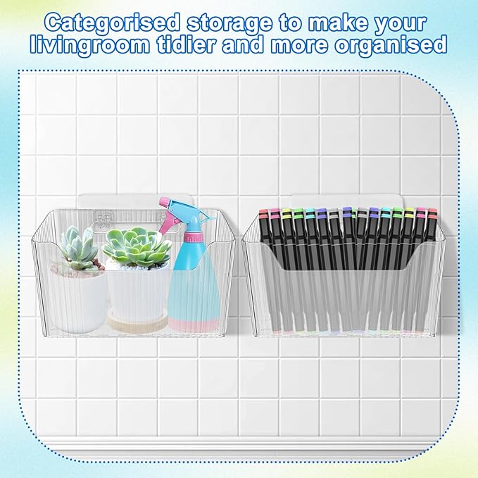 6Pcs Storage Organizer Bins Wall Mounted Organizer Basket Large Size Clear Plastic Makeup Organizer Adhesive Hanging Bin for Bathroom Kitchen Pantry - Image 6