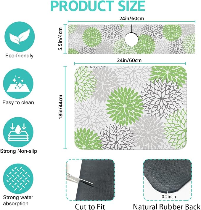 Dish Drying Mat for Kitchen Counter Matt, 2PCS 24"x18" Dish Drainer Mat & 24"x5.5" Sink Splash Guard, Super Absorbent Non-slip Rubber Backed - Image 2