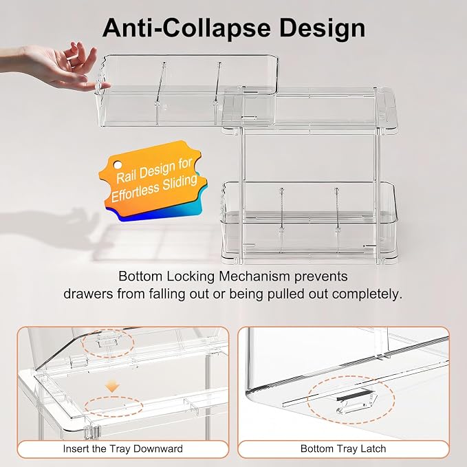 Delamu 2 Tier Under Sink Organizer Bathroom, Bathroom Cabinet Organizer with Snap-Lock Design and Hooks, Pull Out Storage with Movable Dividers, for Countertop, Kitchen and Pantry (Clear, 2 Pack) - Image 2