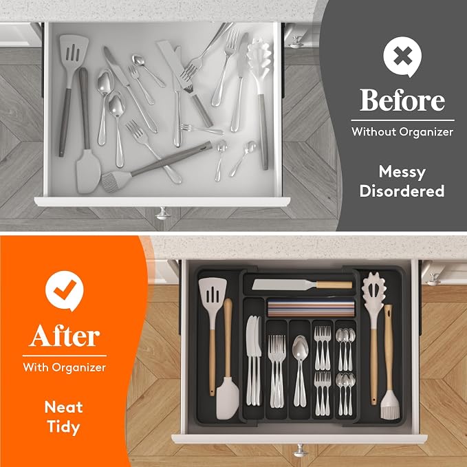 Lifewit Utensil Organizer for Kitchen Drawer, Expandable Cooking Silverware Tray, Adjustable Cutlery Flatware Holder, Plastic Spatula Tools Storage Divider, 11.8-19.6 x 15", Black - Image 8