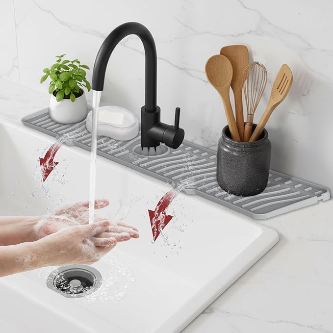 ODRAGO Silicone Kitchen Sink Splash Guard - 24.01 Inch Faucet Mat for Kitchen Sink Water - Longer Faucet Handle Drip Catcher Tray-Sink Guard for Kitchen Sink (Grey) by OdragoKitchen
