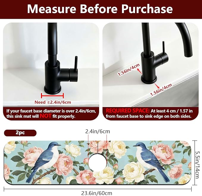 2 Pcs Kitchen Sink Splash Guard Faucet Mat Bluebird Faucet Mat for Sinks Peony Pattern Absorbing Drying Mats for Kitchen Bathroom, 23.6x5.5inch - Image 2