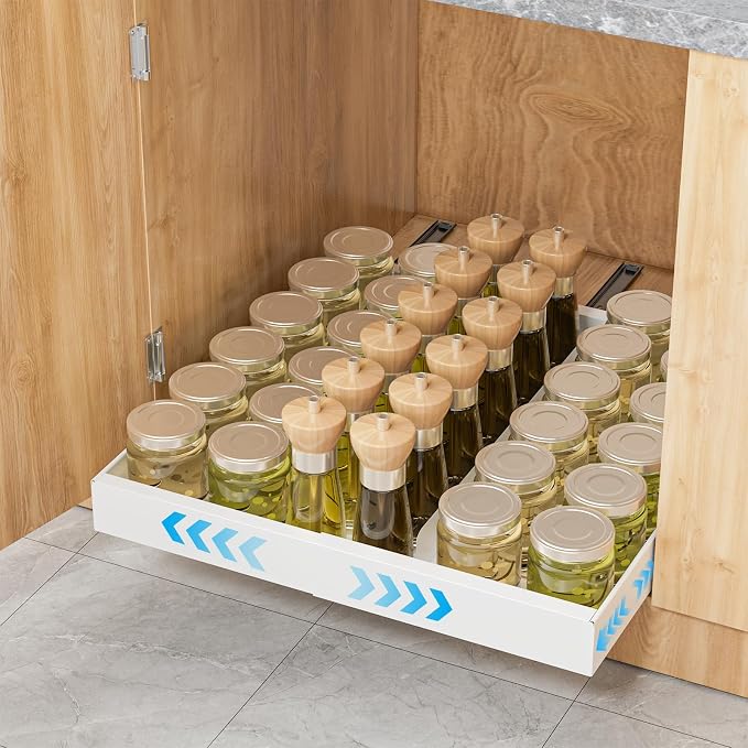 Pull Out Cabinet Organizer Expandable Width(12.2"-20.47") & 21"Deep, Insputer No Drill Adhesive Slide Out Drawers with Upgrade 3 Slide Rails, Magnetic Panel, Roll Out Shelf for Kitchen, Pantry White by Insputer