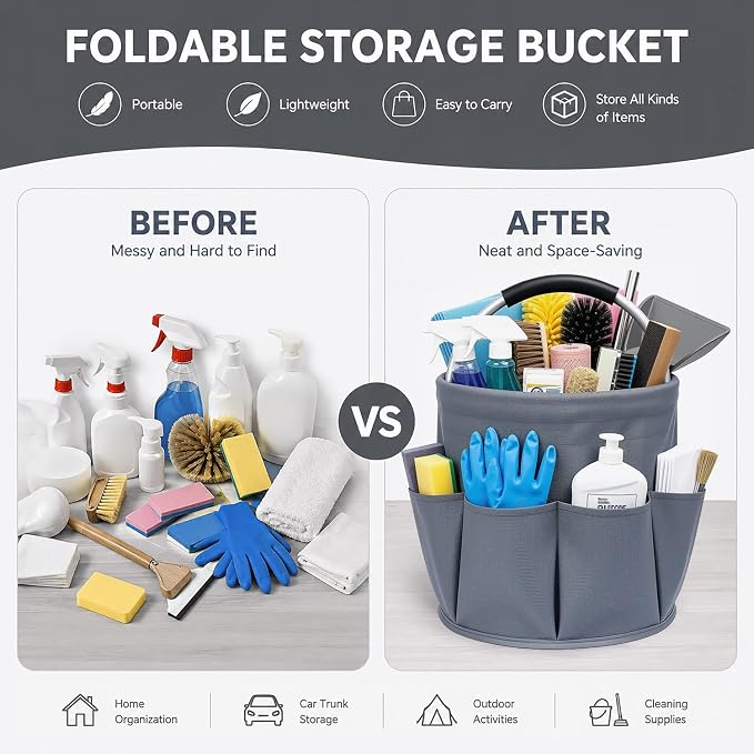 Cleaning Caddy with Handle, 17L Foldable Storage Basket, Heavy Duty 600D Oxford Cloth Organizer, Portable Supply Bag, Multi-Purpose Supplies Caddy for Home, Bathroom, Kitchen, Garden - ( Dark Gray ) - Image 3