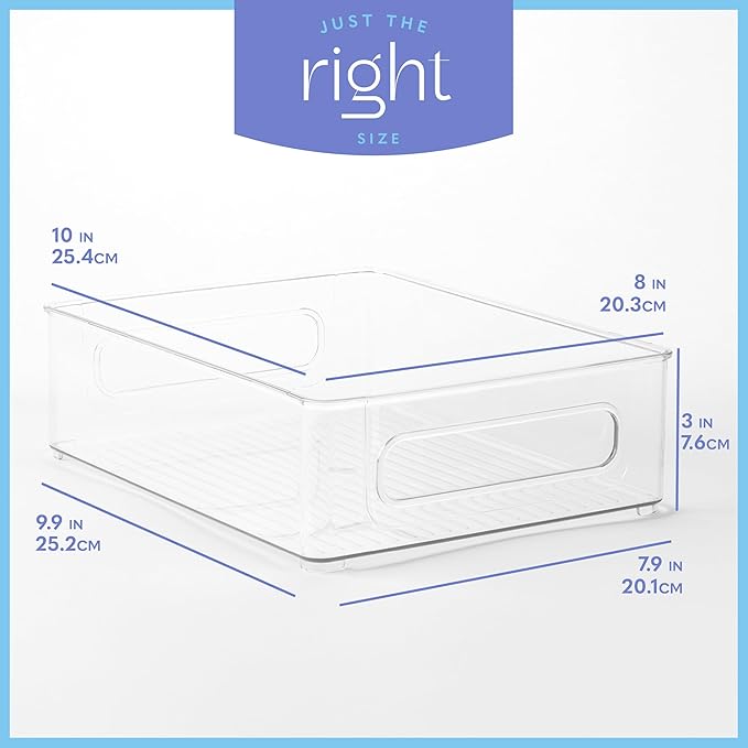 Plastic Food Storage 2 pack Clear Container Bin with Handles for Organizing Kitchen, Pantry, Refrigerator, Freezer, Pantry, Cabinet, Closet, Bathroom. Stackable 10”x8”x3” - Image 4