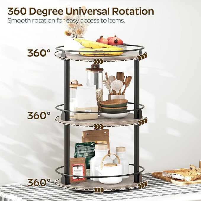 3-Tier Lazy Susan Organizer, Rotating Spice Rack, Spinning Organizer, Industrial Turntable Spice Rack Organizer for Cabinet, Kitchen Countertop, Greige and Black SR23BG - Image 2