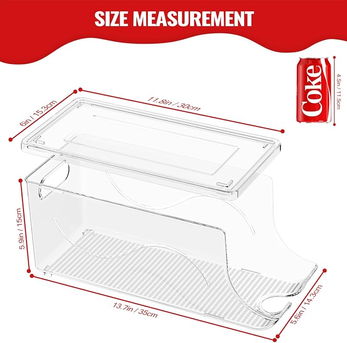 SCAVATA Stackable Refrigerator Organizer, Soda Can Dispenser Pop Cans Container Beverage Holder with Lid for Fridge, Freezer, Kitchen, Clear Plastic Storage Bins-Holds 10 Cans Each (One) - Image 4