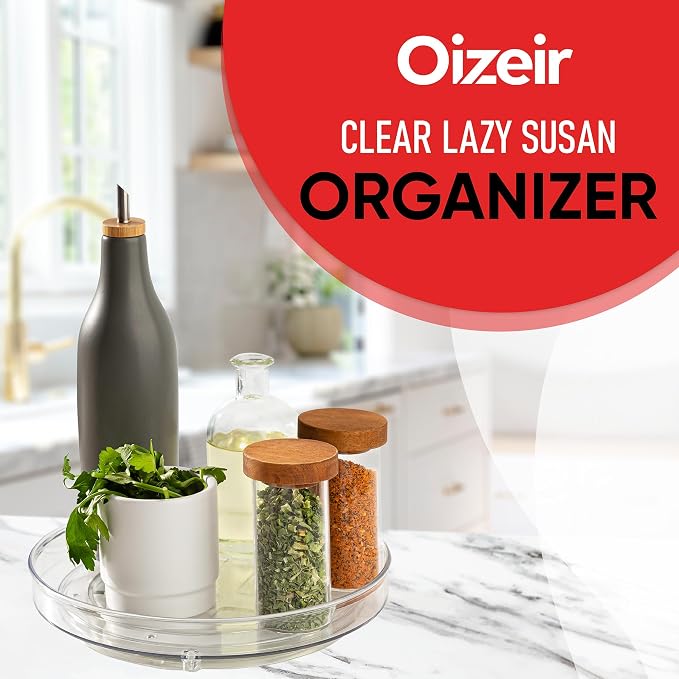 Oizeir Lazy Susan Organizer for Cabinet, 9 Inch Clear Acrylic Turntable – Rotating Spice Rack, Pantry, Fridge & Countertop Organizer, Smooth Spinning, Space-Saving Kitchen Storage (2 Pack) - Image 2