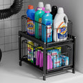 2-Tier Pull Out Cabinet Organizer, Slide Out Under Sink Organizer | Metal Cabinet Baskets with Mesh Sliding Drawer for Home, Office, Bathroom, Kitchen, Pantry Storage Shelf, Large Black by Lxmons
