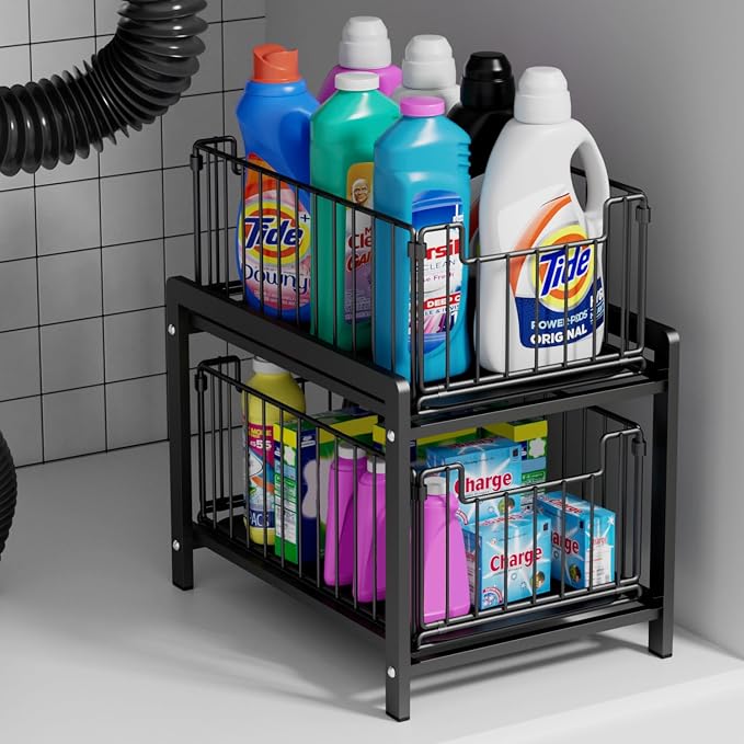 2-Tier Pull Out Cabinet Organizer, Slide Out Under Sink Organizer | Metal Cabinet Baskets with Mesh Sliding Drawer for Home, Office, Bathroom, Kitchen, Pantry Storage Shelf, Large Black by Lxmons