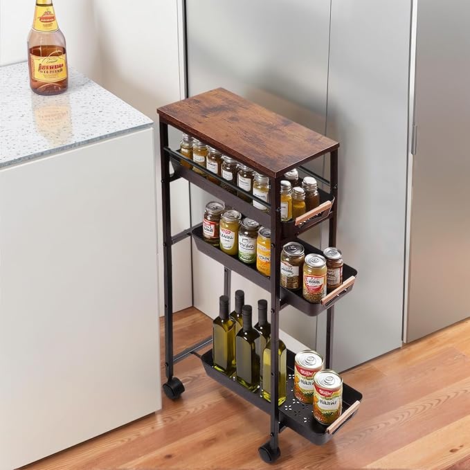 5 Tier Narrow Slim Rolling Cart Wood Top Storage Cart Black | 5 tier narrow rolling cart slides into 8 inch gaps, while solid wood top provides durable storage over plastic surfaces by Unknown