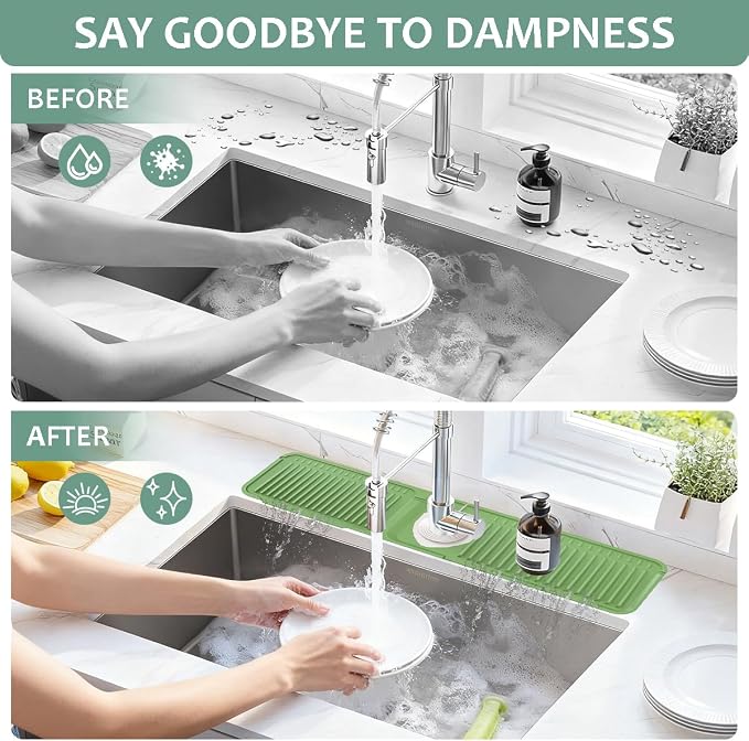 24 Inch Silicone Faucet Mat for Kitchen Sink Splash Guard Folding Faucet Mat with Button Lock Water Draining Pad for Kitchen Bathroom Bar(Green) - Image 4