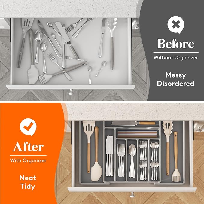 Lifewit Utensil Organizer for Kitchen Drawer, Expandable Cooking Silverware Tray, Adjustable Cutlery Flatware Holder, Plastic Spatula Tools Storage Divider, 13-22.4 x 15", Gray - Image 8