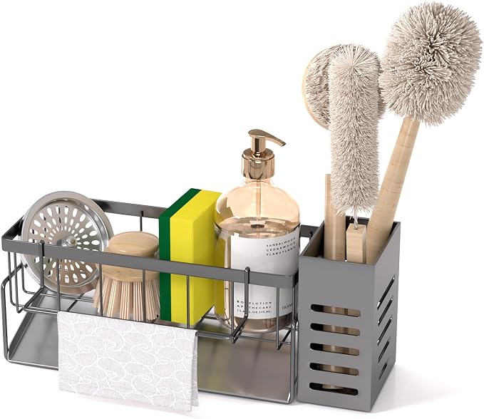 304 Stainless Steel Over Sink Caddy Sponge Soap Organizer Gray | Auto sloped drainage with removable tray, 3 divided spaces for sponge & soap, rustproof steel, no installation needed - Image 7