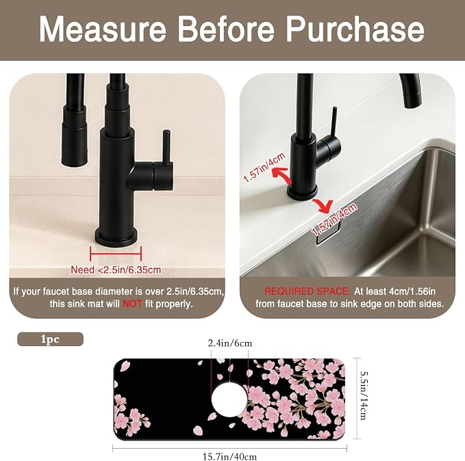 Faucet Mat for Kitchen Sink Romantic Cherry Blossoms Sink Splash Guard Behind Faucet Soft Diatom Mud Material Non-slip Easy to Clean for Bathroom & Kitchen 15"X5.5" - Image 2