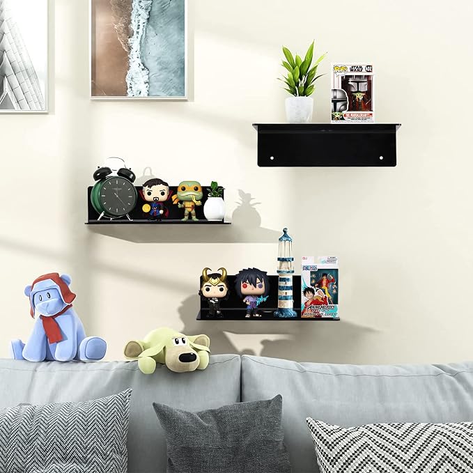 9 Inch Acrylic Floating Shelf No Drill Adhesive Wall Shelf Set of 2 for Funko Pop Storage, Floating Shelves Damage-Free Expand Wall Space for Living Room, Bathroom, Gaming Room, Office - Black - Image 6
