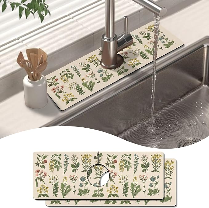 2 Pack Kitchen Sink Splash Guard Faucet Mat 15" X 5.5" Floral Absorbent Fast Drying Mat Faucet Draining Mat Sink Splash Guard Behind Faucet Drip Catcher for Kitchen Bathroom by Unknown