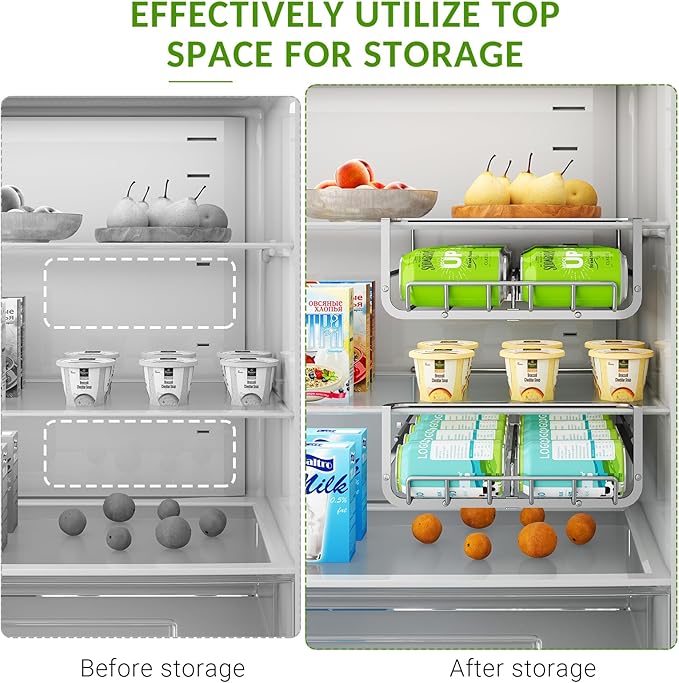Hanging Soda Can Organizer for Refrigerator, 10-Can Fridge Dispenser | Stainless Steel Double Row Hanging Drink Fridge Organizer, Soda Can Storage Rack, Fits 15-23 in Refrigerator Inner Depth - Image 5