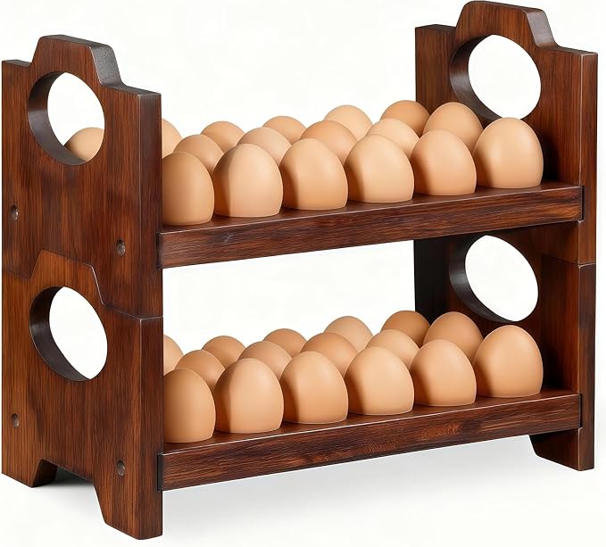 Wooden Egg Holder for Countertop,Holds 36 Eggs,2-Tier Farmhouse Egg Organizer for Fresh Eggs,Stackable Egg Storage Rack for Kitchen - Image 2