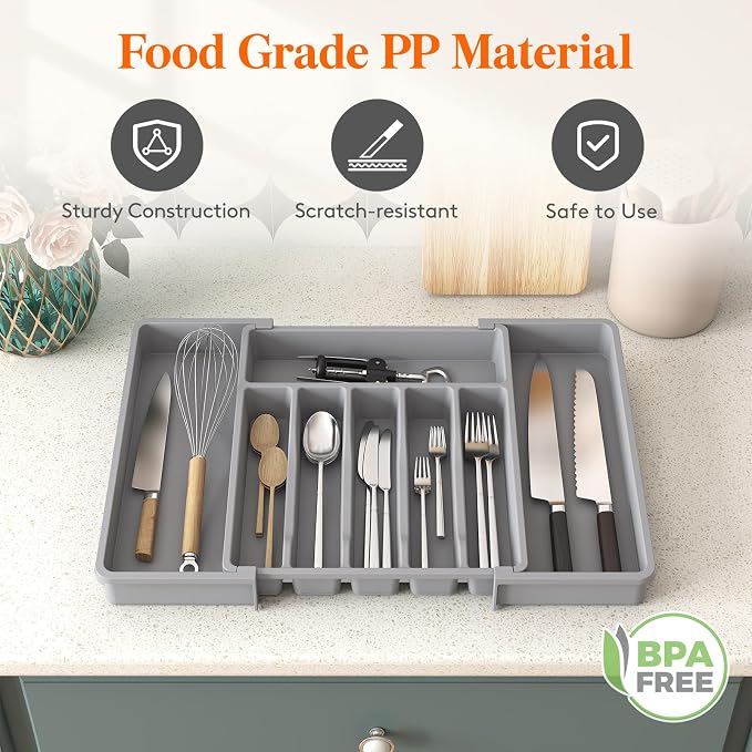Lifewit Extra Large Silverware Drawer Organizer, Expandable Utensil Tray | BPA Free Flatware Cutlery Holder for Kitchen, Adjustable Plastic Storage for Spoons Forks Knives, 13-22.4 x 16.7", Gray - Image 7