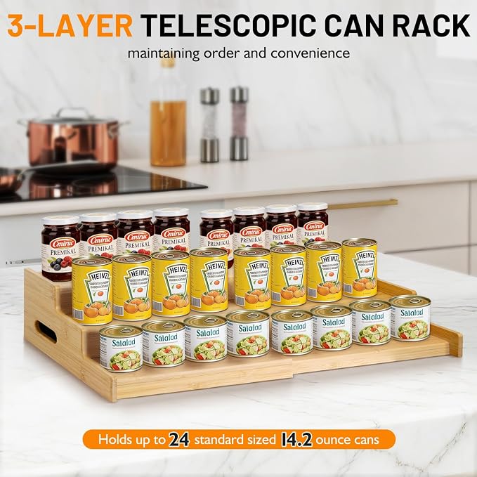 3-Tier Expandable Bamboo Can Organizer Storage Holder for Kitchen Pantry | Stackable Can Organizer for Pantry, Adjustable Soda & Food Can Organizers, Can Up To 24 Cans - Image 4