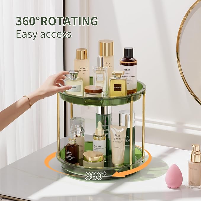 Rotating Makeup Organizer, Perfume Skincare Holder, 2 Tier 9 Inch, Green | 360° Smooth Spinning Vanity Tray, Large Capacity, Space-Saving Cosmetics Storage for Bathroom Countertop, Dresser - Image 2